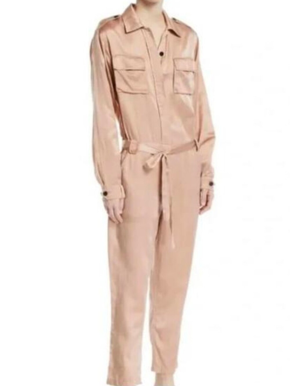 ALC rose gold satin long sleeve button down jumpsuit